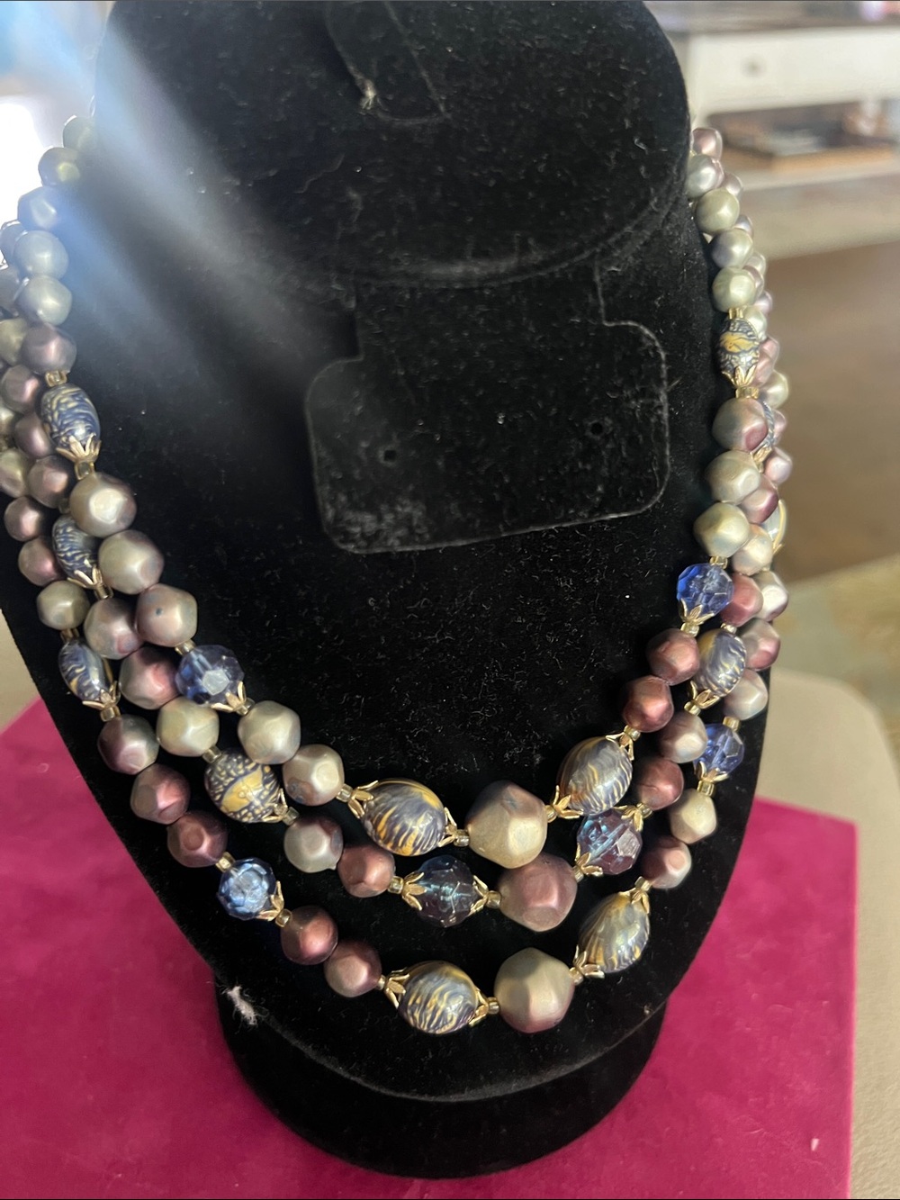Mid century beaded Baroque style triple strand necklace. Made in Japan.